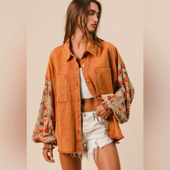 BiBi Floral Corduroy Oversized Jacket Smocked Cuffs Balloon Sleeve - Picture 2 of 8